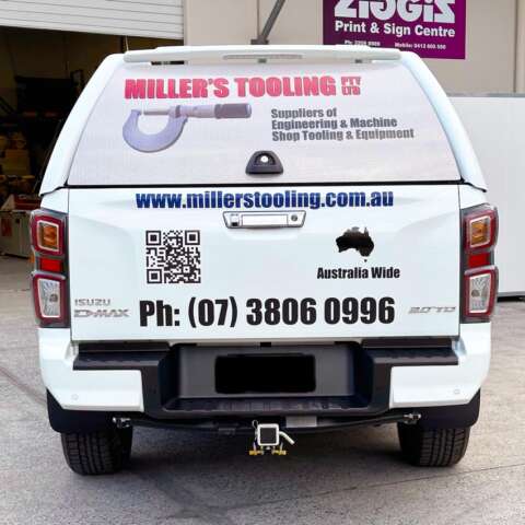 Vehicle branding: one way vision and vehicle decals for Millers Tooling by Ziggi's Print & Signs at Loganholme