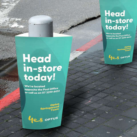 Custom Corflute Bollard Wrappers printed for promotion of Optus