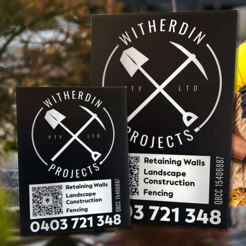 Printed corflute signs for garden and outdoor construction projects, featuring QR Codes that link to personalised Linktree landing sites on the Internet.